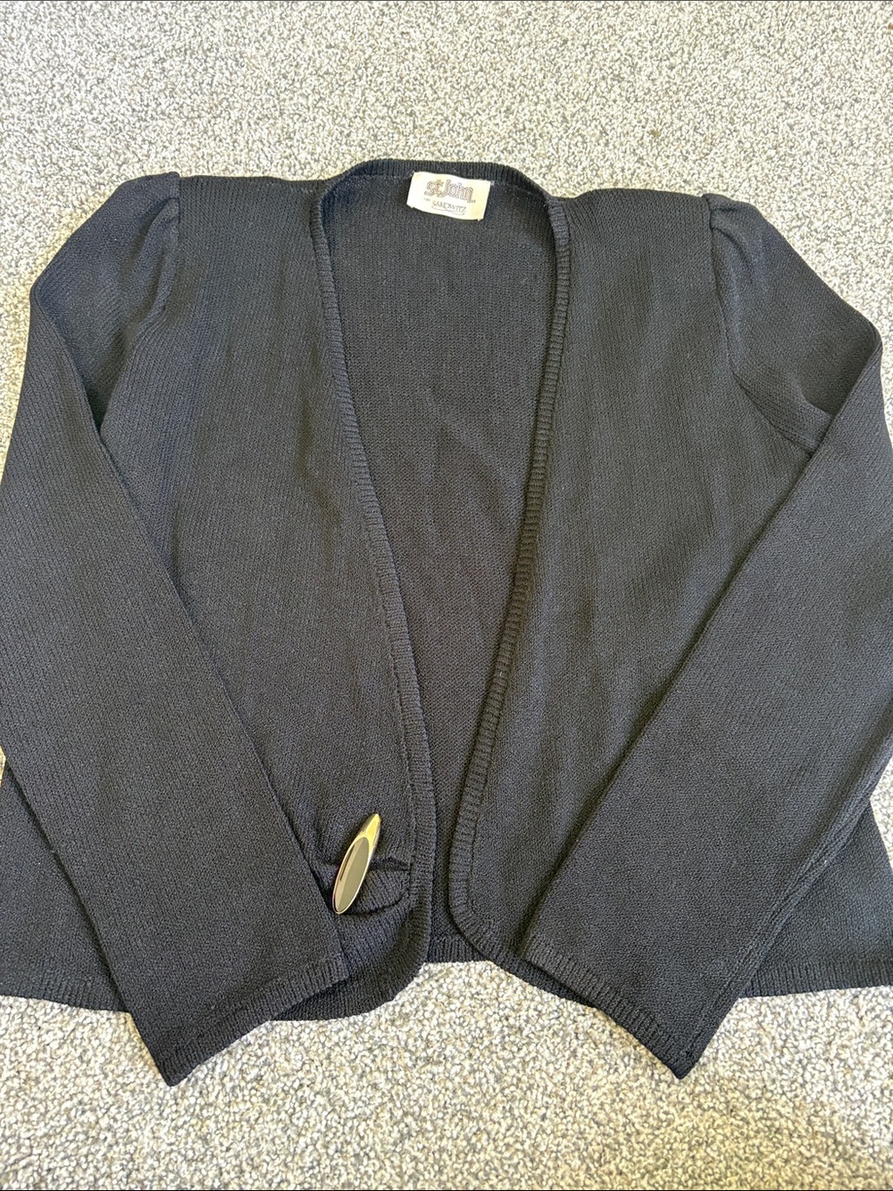 St. John Black Open Knit Cardigan with Decorative Clasp